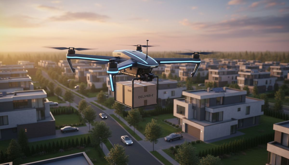 An autonomous delivery drone flying over a modern suburban neighborhood, carrying a small package, high-tech, professional photography