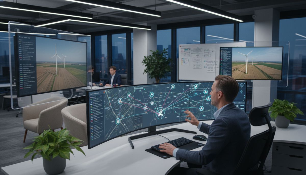 A commercial drone fleet operator monitoring autonomous flights on a digital dashboard with telemetry data, clean corporate tech office setting