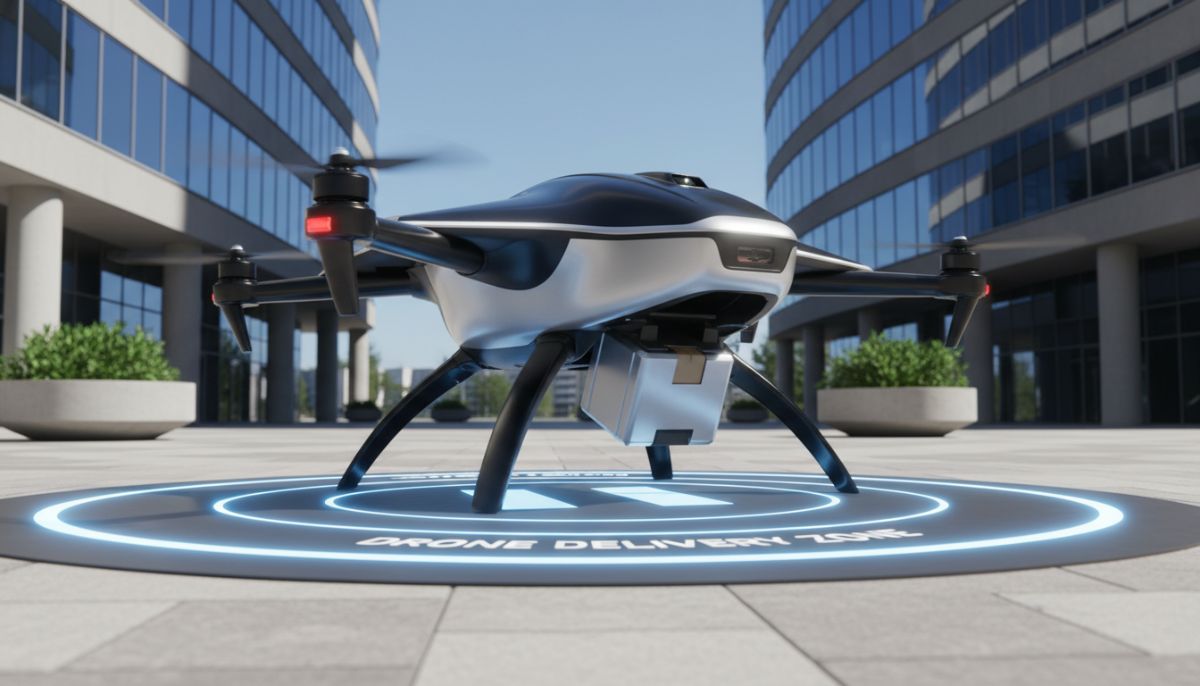 A close-up of a high-tech delivery drone landing on a designated safe landing pad outside a modern office building, sleek design, sunny day