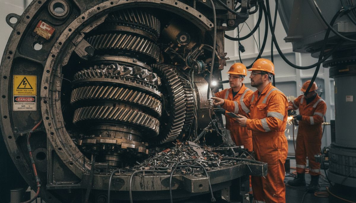 A close-up of a damaged wind turbine gearbox being inspected by engineers in safety gear, highlighting complex mechanical components and failure risks.