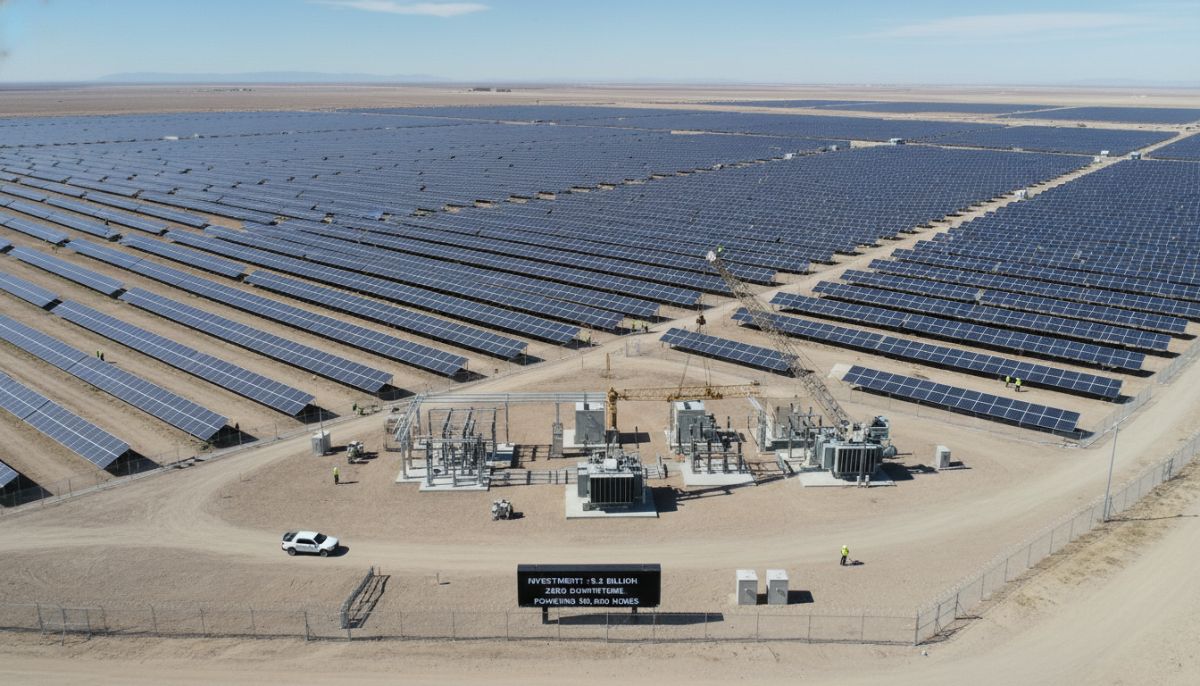 A large-scale commercial solar farm under a blue sky, illustrating the massive scale of investment that needs protection from operational downtime.
