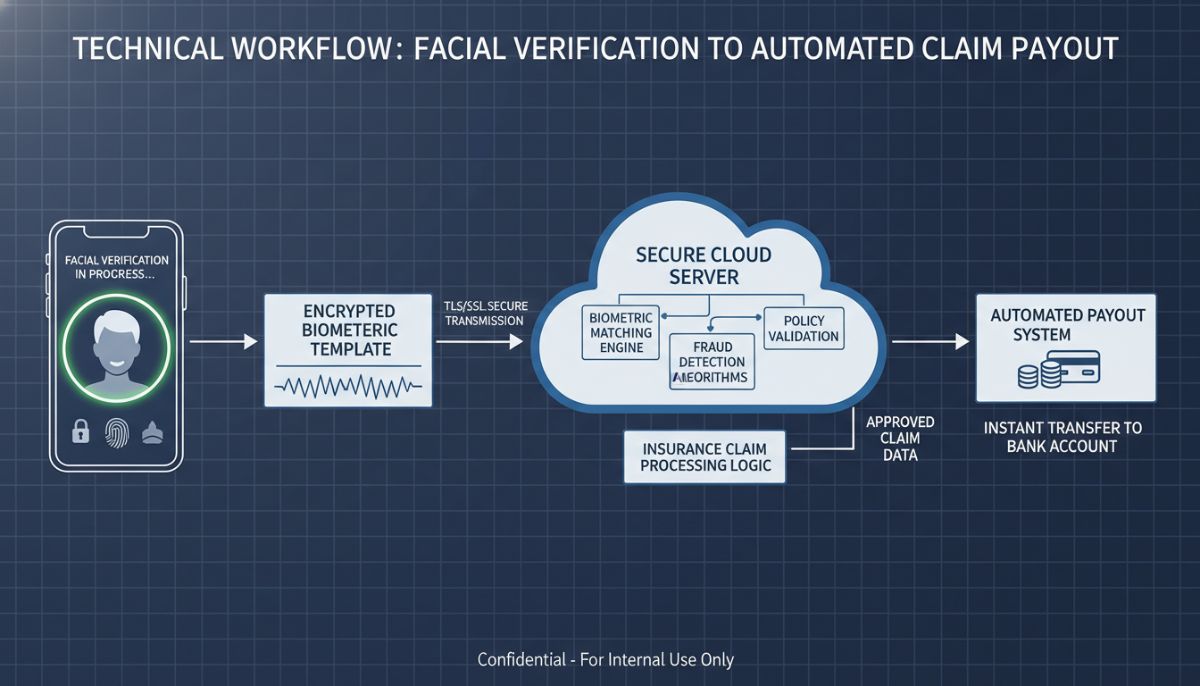 A detailed technical workflow diagram showing a mobile phone screen displaying facial verification, sending encrypted biometric templates to a secure cloud server, and processing an insurance claim payout automatedly.