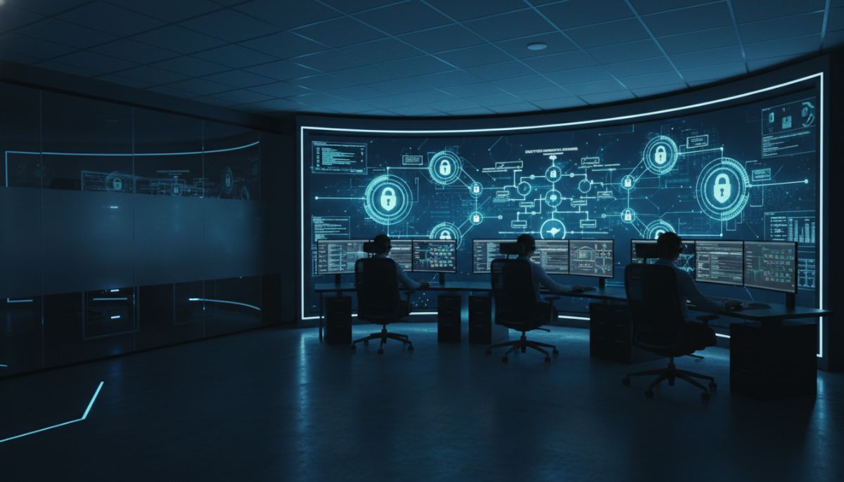 A corporate cybersecurity control room where database administrators monitor encrypted biometric servers, with complex data flow charts and secure lock icons on wall monitors.