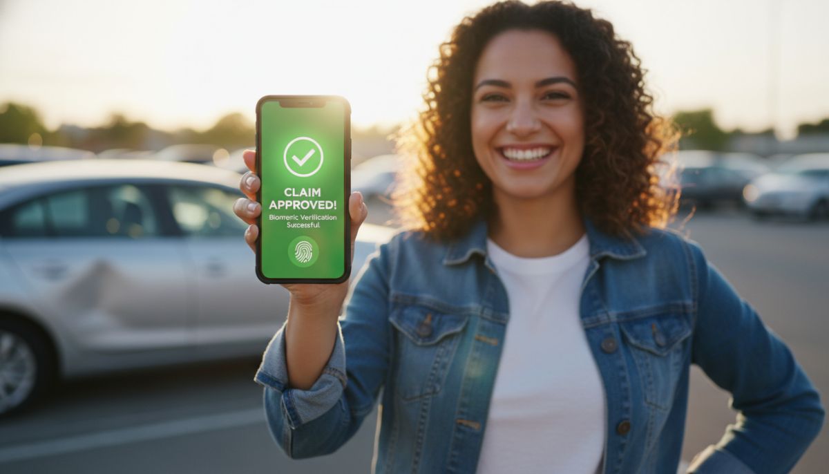 A smiling customer holding a smartphone displaying a successful claim approval screen with a green biometric verification checkmark, with a minor car dent visible in the soft-focus background.