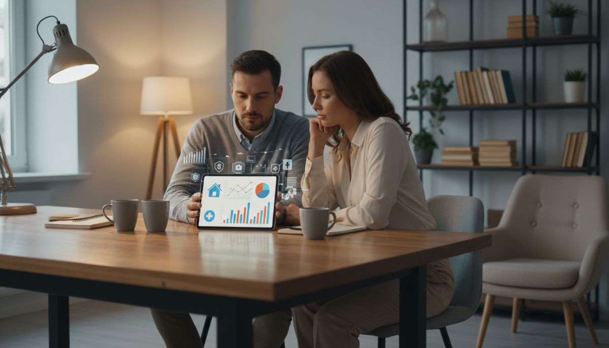 A professional millennial couple sitting at a wooden table, looking thoughtfully at a digital tablet displaying financial retirement graphs and healthcare security icons, warm indoor lighting, modern home office setting
