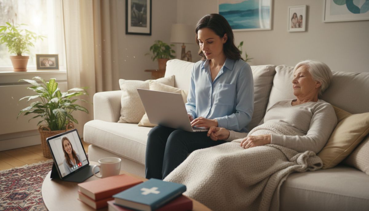 A professional woman in her late 30s balancing remote work on a laptop while caring for an elderly parent in a cozy, bright living room, symbolizing the sandwich generation, highly detailed, realistic