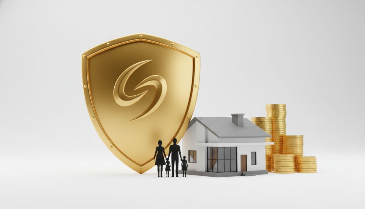 A conceptual 3D render of a golden shield protecting a miniature modern house, stacks of coins, and a family silhouette, clean white background, representative of financial security and insurance