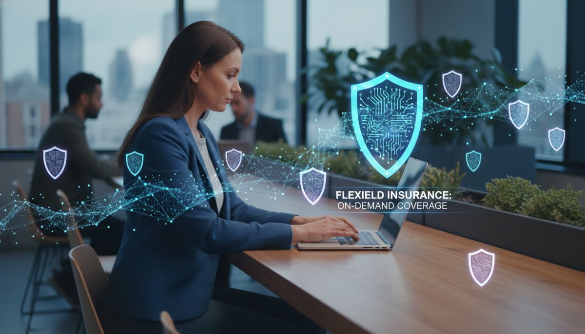 A professional independent contractor working on a laptop at a modern co-working space, with overlaying abstract digital security shields symbolizing flexible on-demand insurance protection.