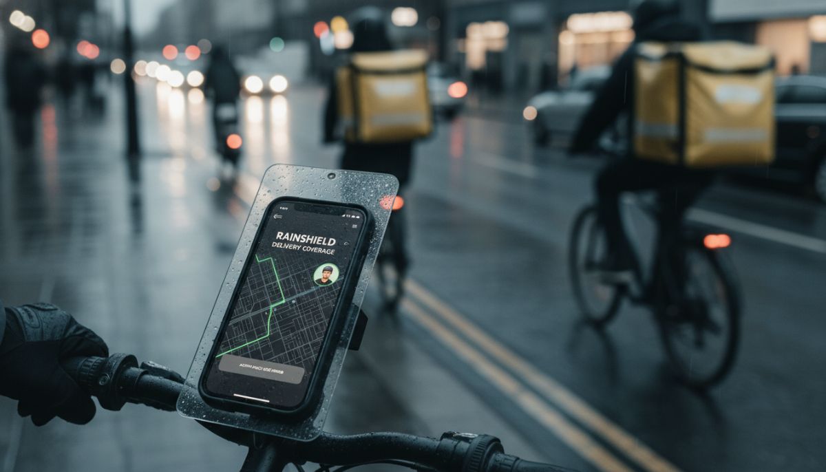 A delivery courier riding an electric bicycle through a rainy city street, with a close-up on a smartphone mounted to the handlebars showing an active micro-insurance application.