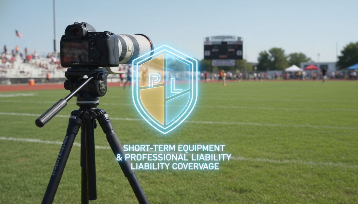 A professional camera setup on a tripod at an outdoor event, with a semi-transparent glowing digital shield icon overlaid, representing short-term equipment and professional liability coverage.