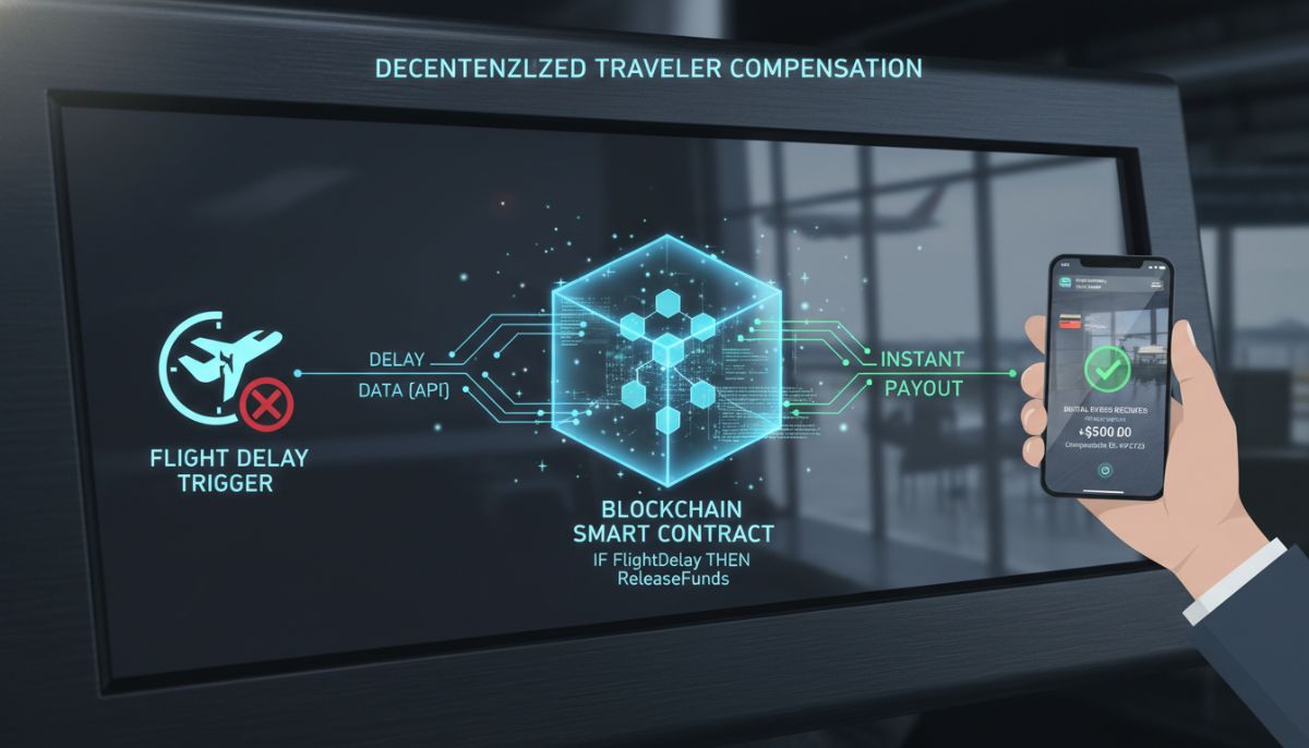 A futuristic conceptual diagram showing a flight delay trigger feeding data into a glowing blockchain smart contract, which instantly releases digital funds to a traveler's mobile wallet at an airport terminal.