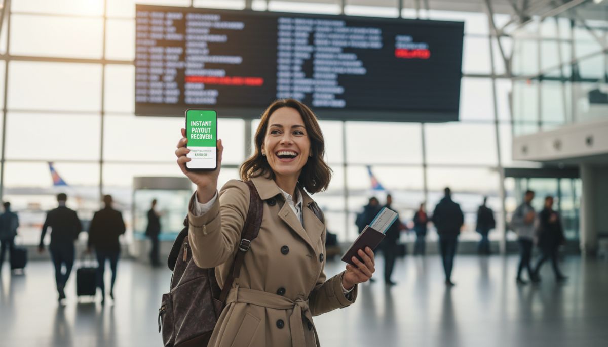 A professional traveler standing in a bustling modern airport, smiling as they look at their smartphone displaying an instant insurance payout notification, with a flight departure board showing a delayed status in the soft-focused background.