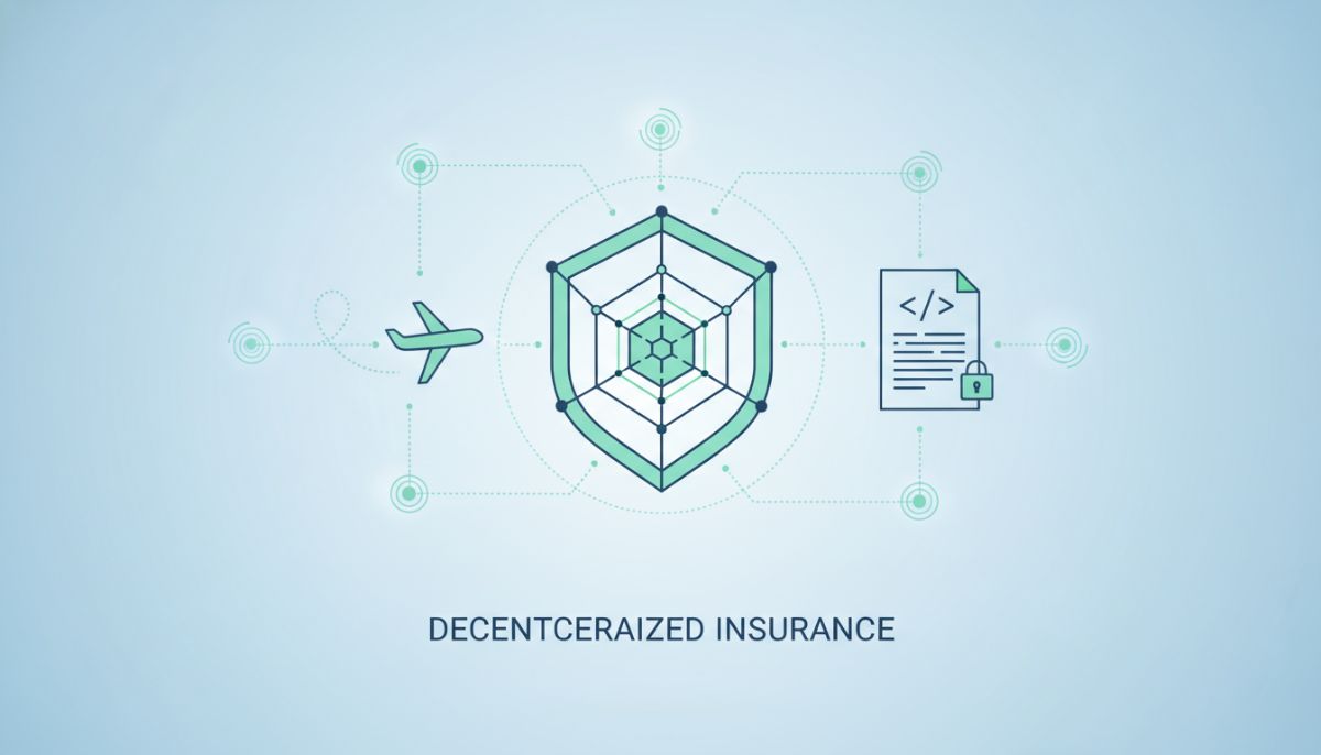 A clean, minimalist flat vector illustration representing decentralized insurance, showing a digital shield, a plane icon, a smart contract document icon, and connected global nodes.