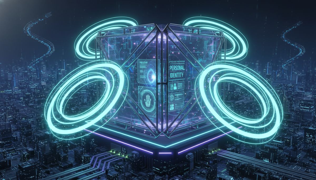 A futuristic visualization of a secure digital vault with biometric scanner lights and glowing locks protecting virtual personal identity files, 3D render
