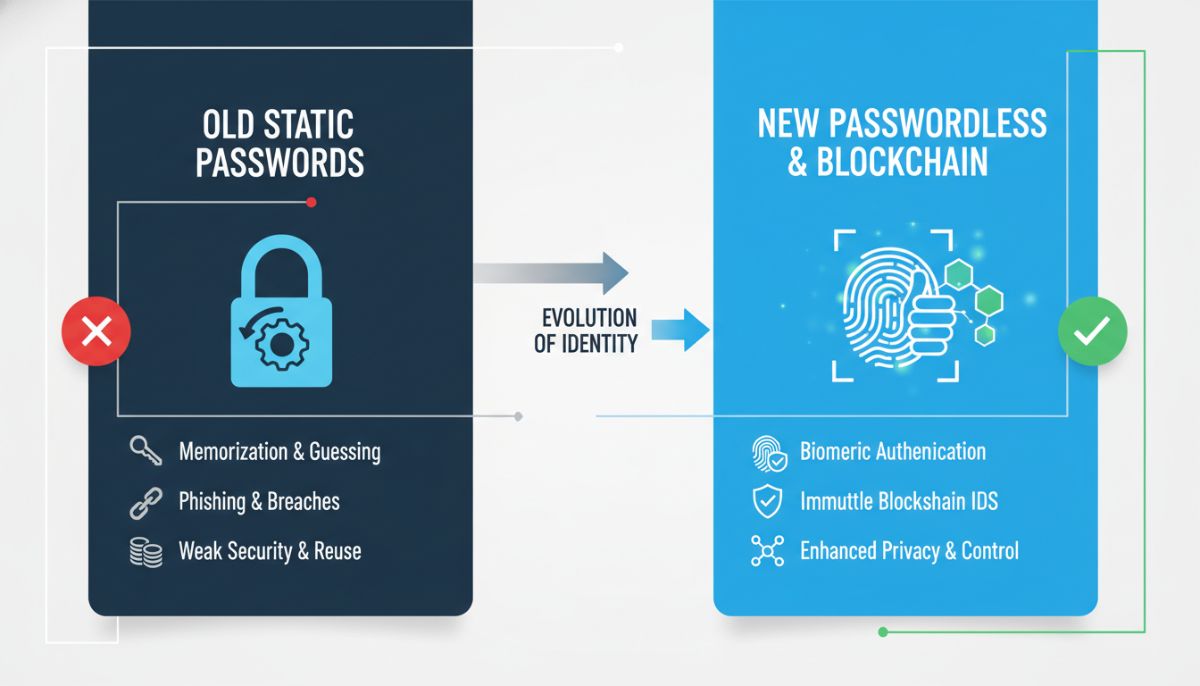 An infographic style visualization comparing old static passwords with new passwordless biometric keys and blockchain identities, sleek corporate design