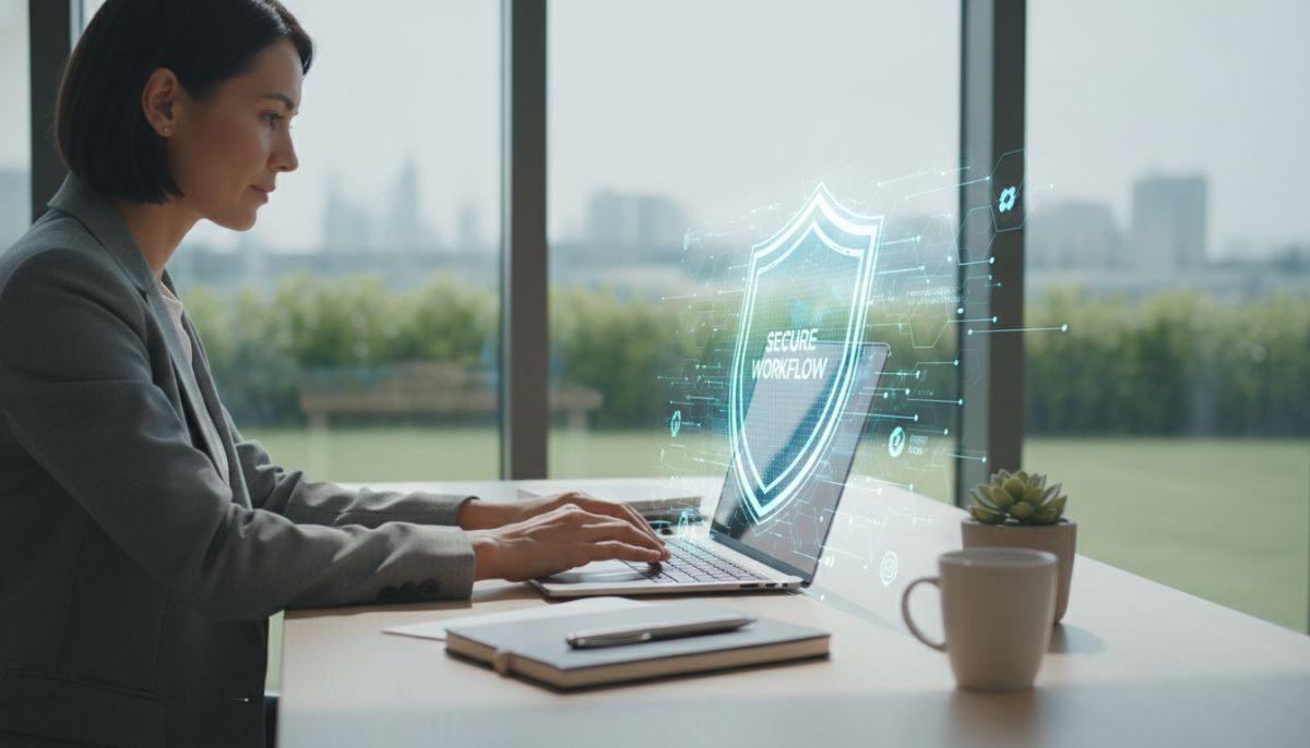 A professional person working on a laptop with a transparent cyber-protection shield overlay, symbolizing secure work-from-home practices, clean aesthetic