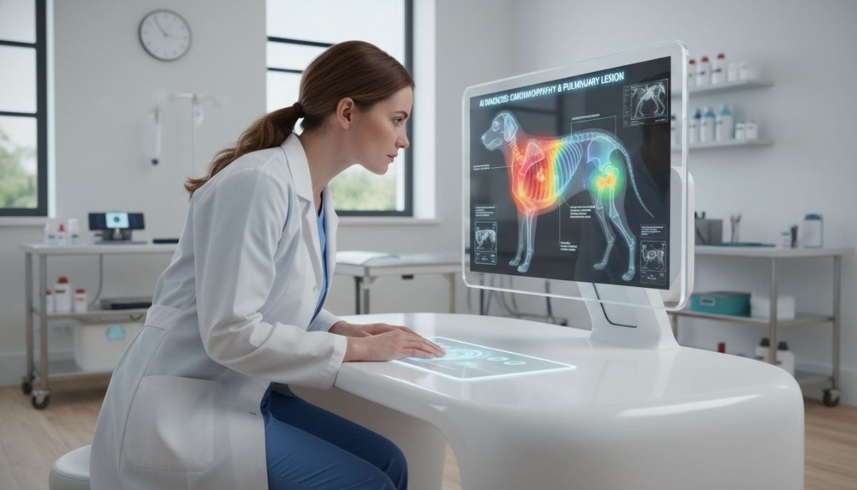 Veterinary doctor reviewing a dog's digital X-ray on an advanced AI-powered monitor showing highlighted diagnostic zones with colorful heatmaps in a modern, clean clinic.